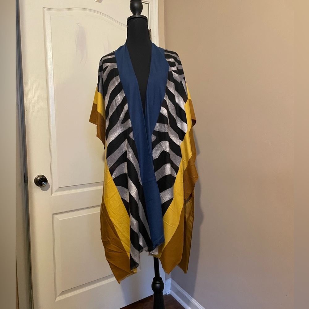 Janice Apparel Cotton Wool Poncho Wrap Gold Black Blue One Size Colorful Classy